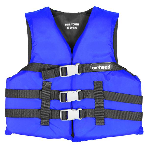 Airhead 3000216ABL Life Vest; Fits Chest Sizes 50 Inch To 60 Inch; Harmonized U S Coast Guard And Transport Canada Approved;Super Large; Poly-e Flotation/ Polyester Shell; Blue; Open Sides With 3 Buckles