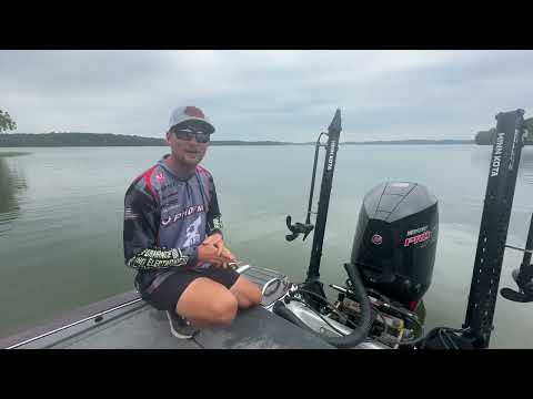 Image of professional fisherman Jake Lawrence on a black bass boat with bass and crappie brakes called Performance Brakes; Minn Kota Raptor model.