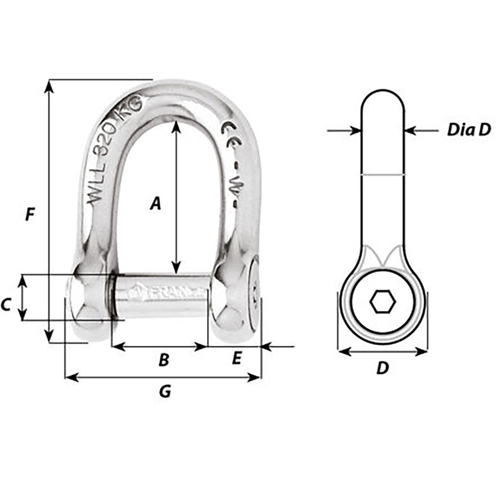 Wichard Self-Locking Allen Head Pin D Shackle - 6mm Diameter - 1/4" [01303]